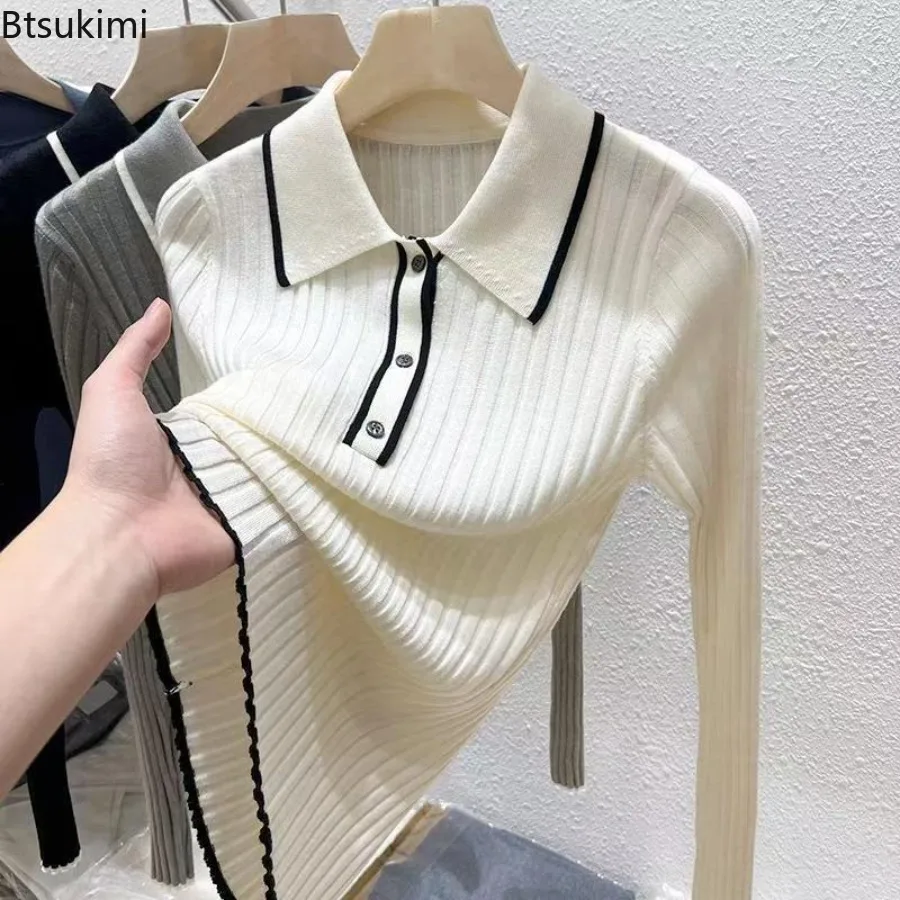 

Модный осенний вязаный пуловер, женский лоскутный свитер с длинными рукавами, облегающий низ, вязаный пуловер с цветными блоками и лацканами, топ