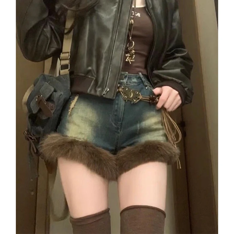 MEXZT Y2K 2000S Fur Denim Shorts Women Vintage Patchwork Short Jeans Winter Streetwear Sexy High Waist Slim Short Hot Pants New