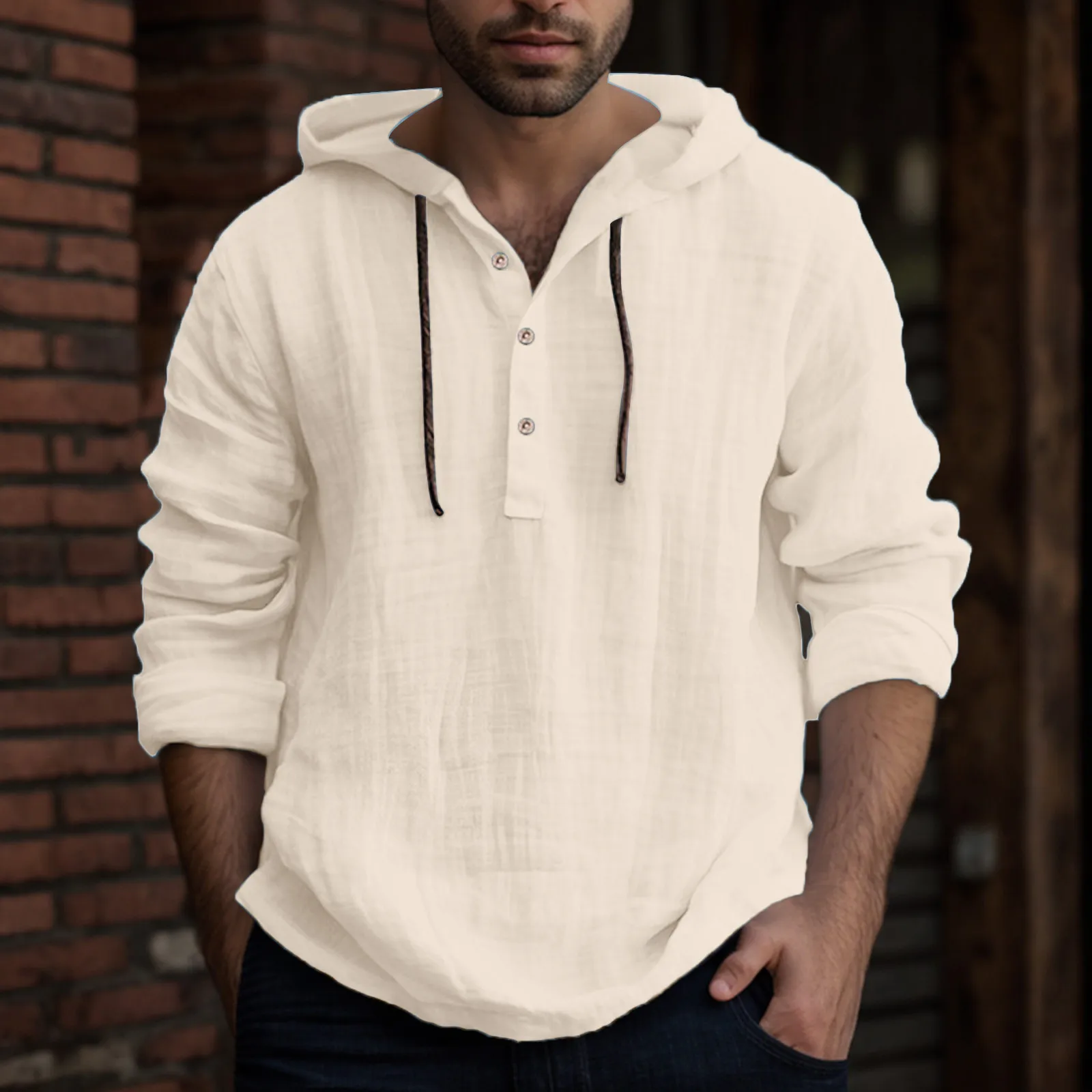 Men Summer Hoodie Blouse Long Sleeve Buttons Pullover Solid Color Comfortable Cotton Linen Casual Loose Shirts Male Tee Tops