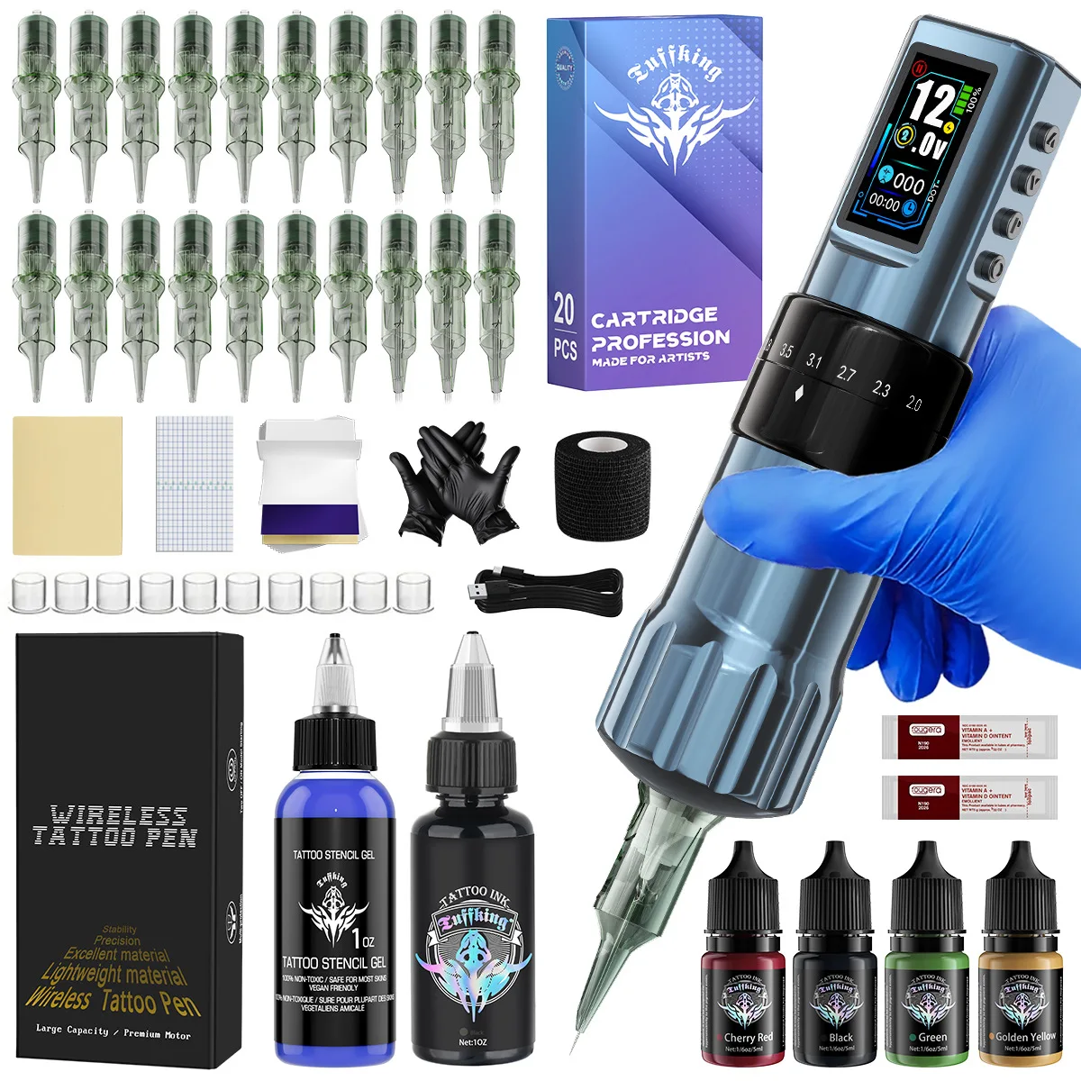 

Tuffking Adjustable Travel Tattoo Machine Hollow Cup Motor Wireless Battery Pen Complete Tattoo Tool Set