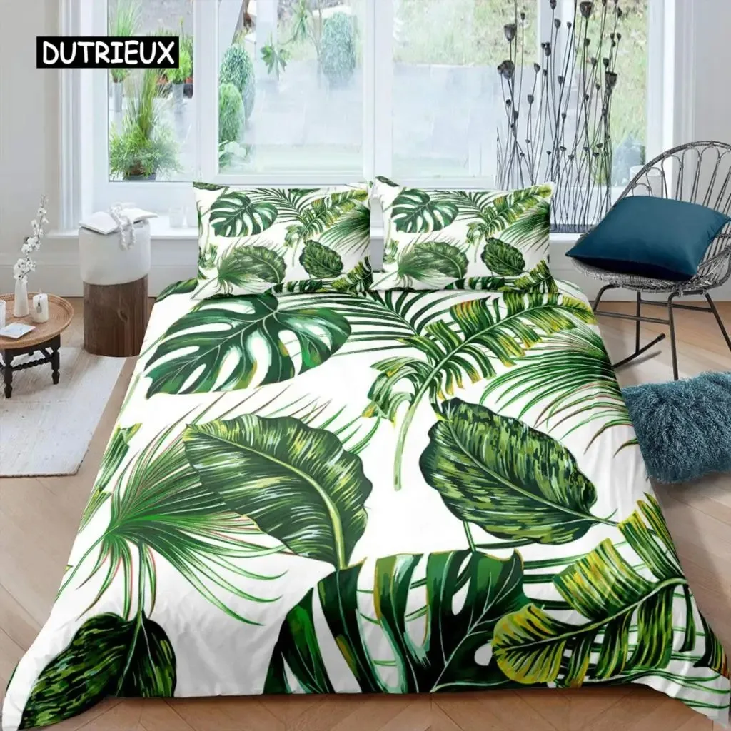 

Palm Leaves Duvet Cover King Full Banana Leaves Bedding Set Hawaiian Tropical Leaves Green Branches 23pcs Polyester Quilt Cover