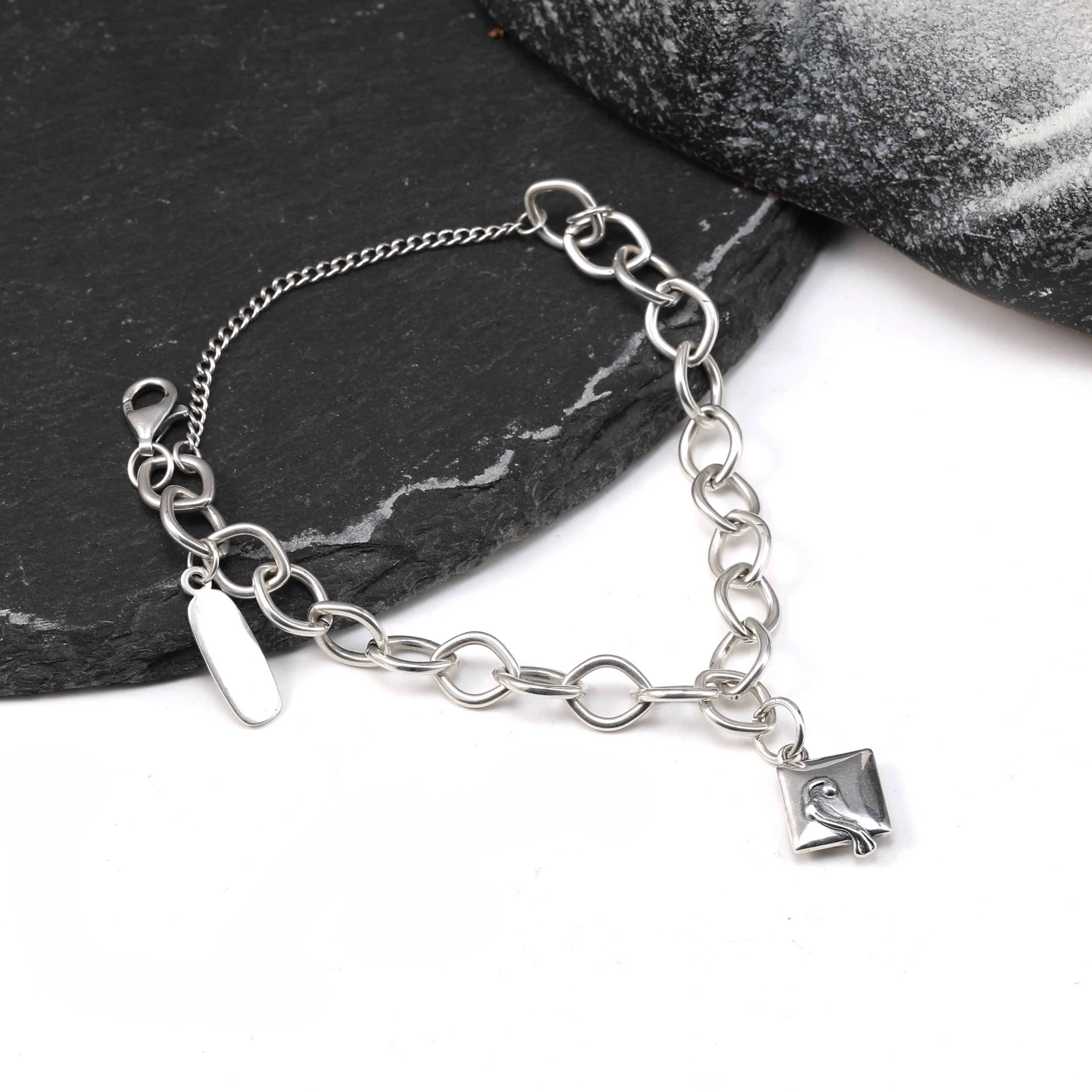 

Genuine 925 sterling silver Forged Link Charm Bracelet with mortarboard pendant