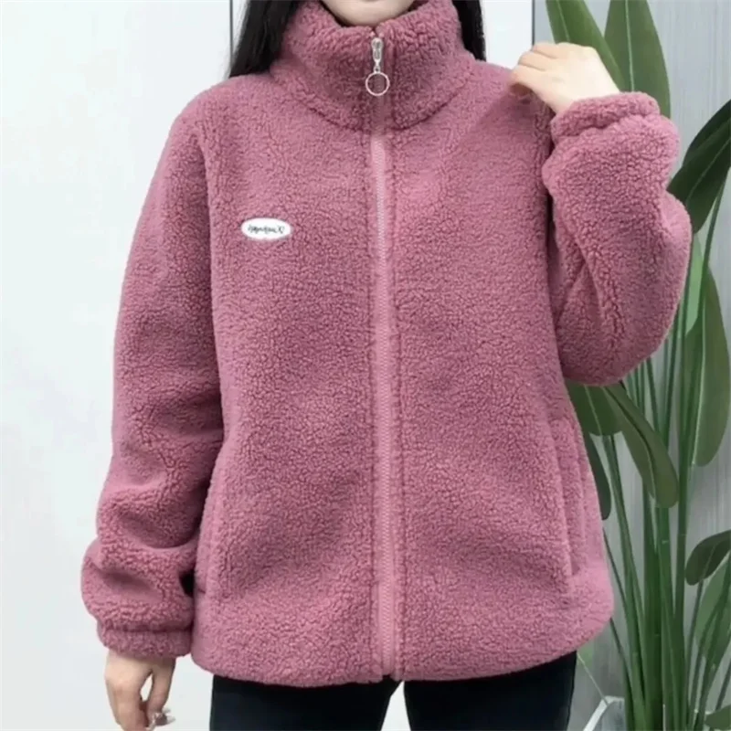 

Autumn Winter Ladies Large Size 5XL Jacket Korean Femme Stand Collar Cardigan 2025 Middle Aged Mother Long Sleeves Lamb Wool Top