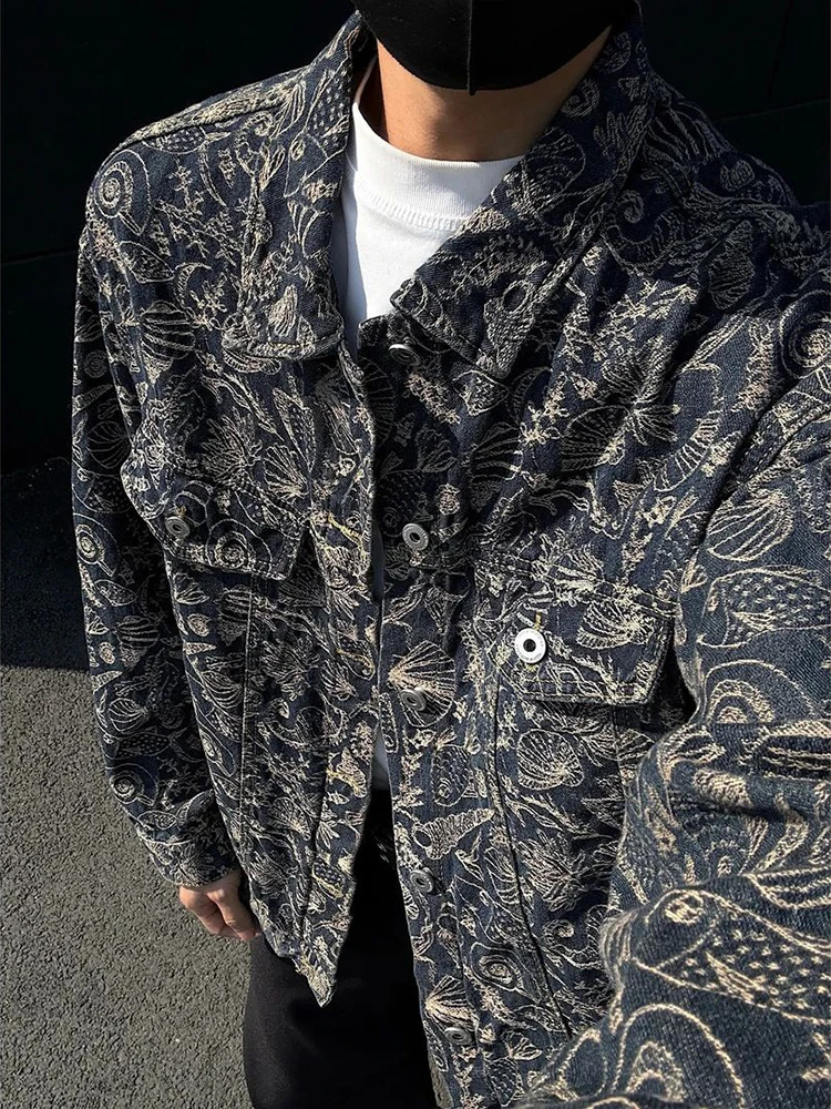 

American Retro Denim Jaet Men's Spring Autumn Embroidered Collar National Sle Top Cotton Polyester Regenerated Fiber