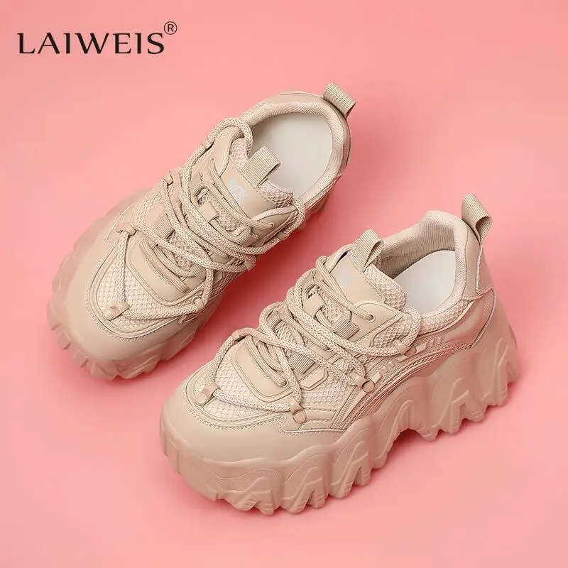 

Luxurious inner height increasing dad shoes 2023 new autumn mesh women shoes genuine leather breathable platform casual sneakers