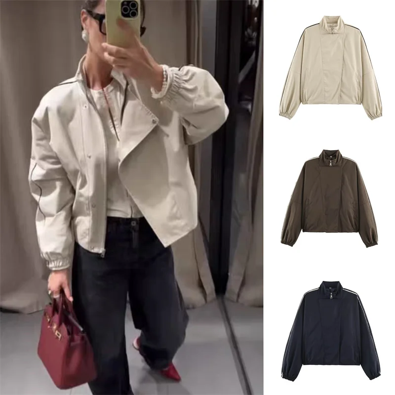 Guobioziy Women's Top 2026 Spring and Autumn New Casual Versatile Loose Solid Color Stand Collar Trim Pilot Jacket