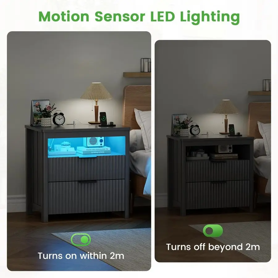 Conjunto de mesa de cabeceira de 23,6 polegadas 2 com gaveta de arma para quarto, mesinhas de cabeceira cinza com compartimento oculto, iluminação LED automática, carregamento St