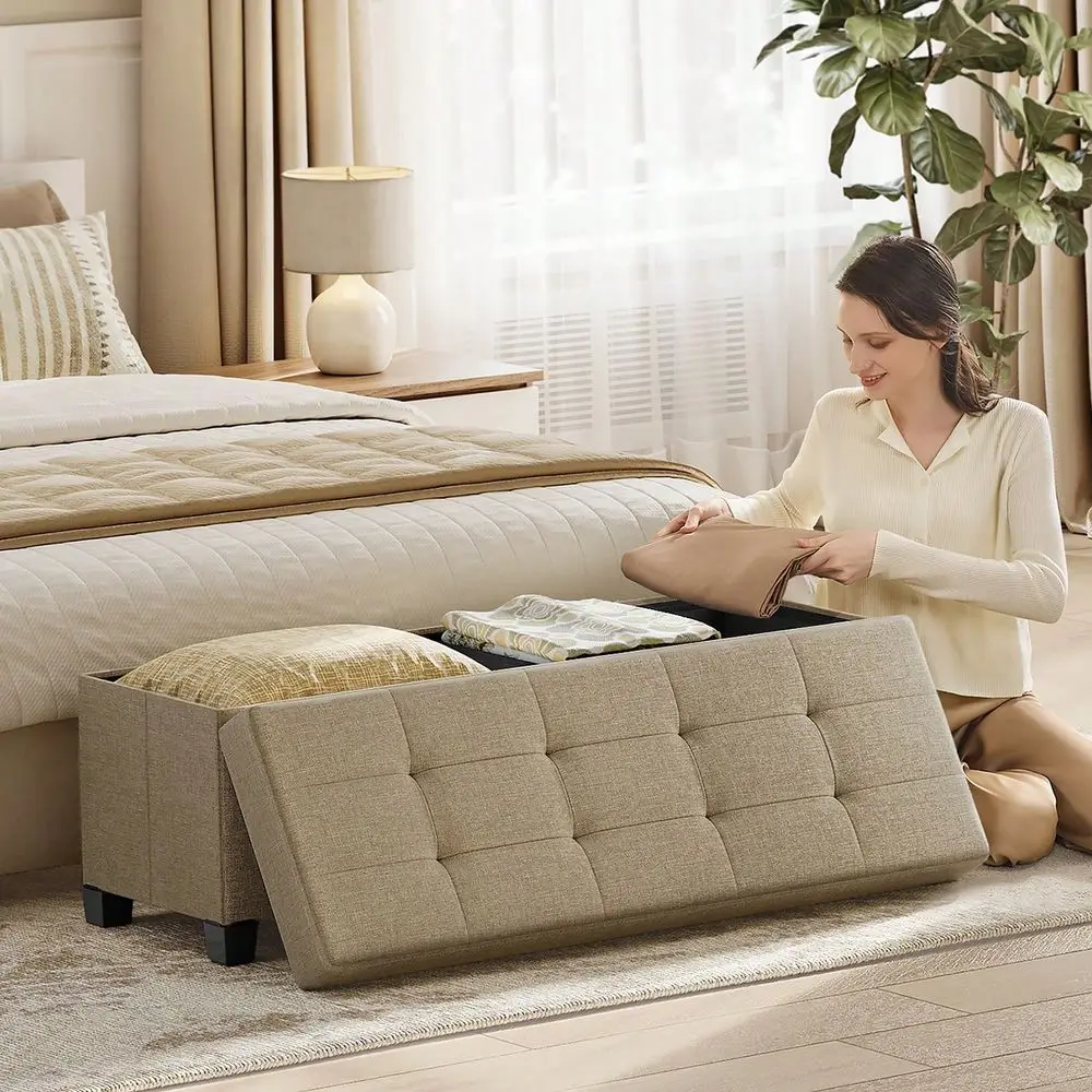 Storage Ottoman Bench, Foldable Foot Rest With Legs, End Of Bed Bench, Storage Chest, For Living Room, Bedroom, Entryway, Camel