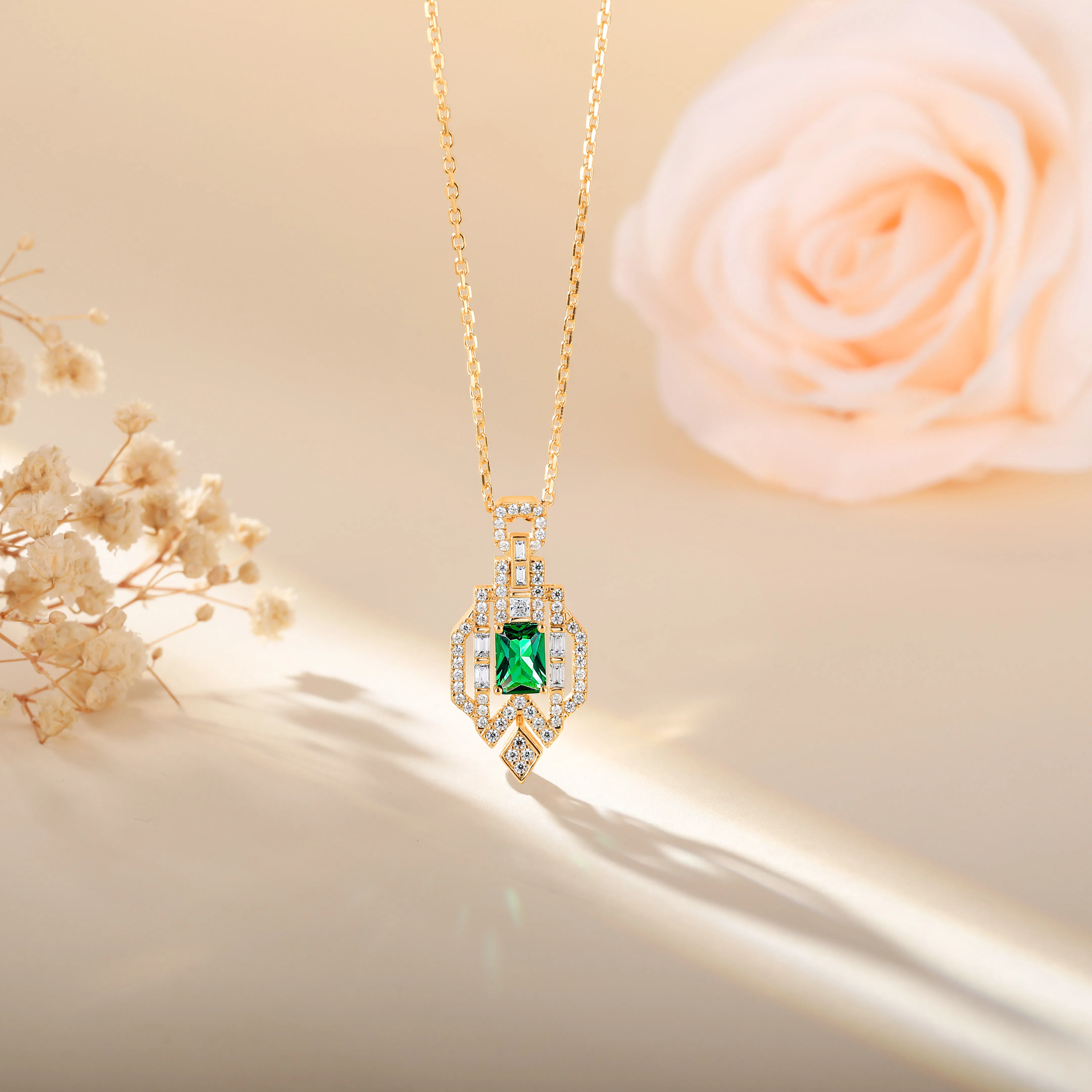 TYYL Lab Grown Emerald & Moissanite Necklace for Women Art Deco Geometric Pendant Wedding Party Daily Wear Vintage Fine Jewelry