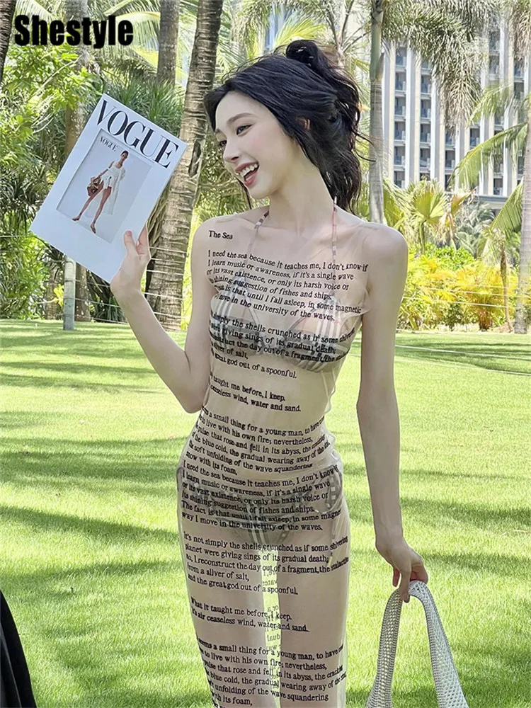 

Shestyle Nude Letter Print Slim Dress Women Transparent Newspaper Sleeveless Round Neck Elastic Pencil Beachwear Sexy Fashion