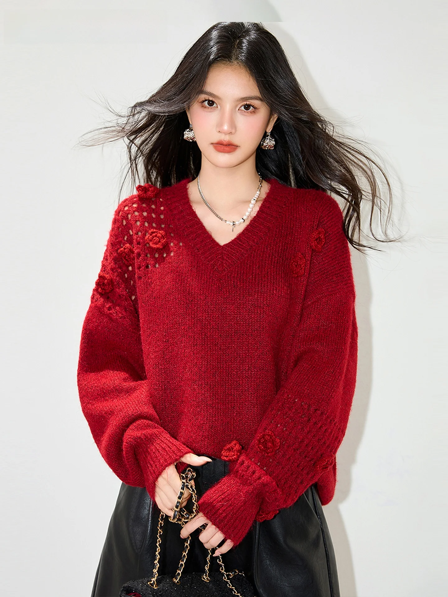 

Вязаный свитер La Chapelle с кружевными вставками и вырезами, женский, романтичный, свободного кроя, с 3D цветочным декором, повседневный, с длинными рукавами