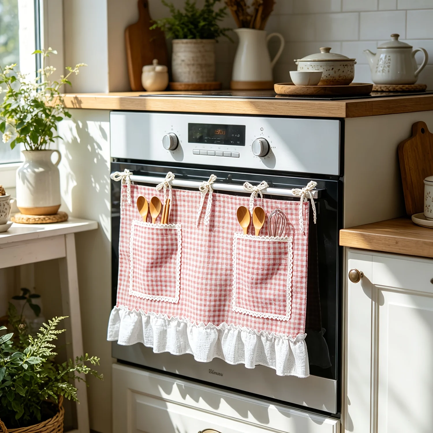 1pc Multifunctional Pink Plaid Oven Cabinet Curtain Dishwasher Skirt Kitchen Curtain  Vintage Tie Top Cafe Curtain