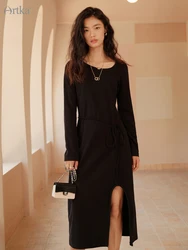 ARTKA 2022 Early Autumn New Women Dress Fashion Simple Long Sleeve O-Neck Dresses Side Split Black Midi Dress With Belt LA23021Q