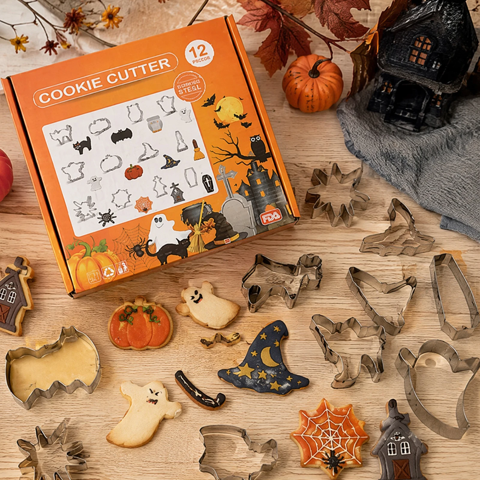 Stainless Steel Cookie Cutter Set 12pcs Halloween Pumpkin Bat Ghost Witch Hat Black Cat Baking Molds Rolled Edge 3 Sizes