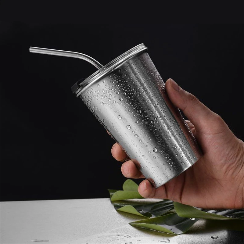 Silver Stainless Steel Beer Mugs with Lid Metal Wine Tumbler Office Tea Milk Straw Water Cups Travel Camping Drinkware Tools