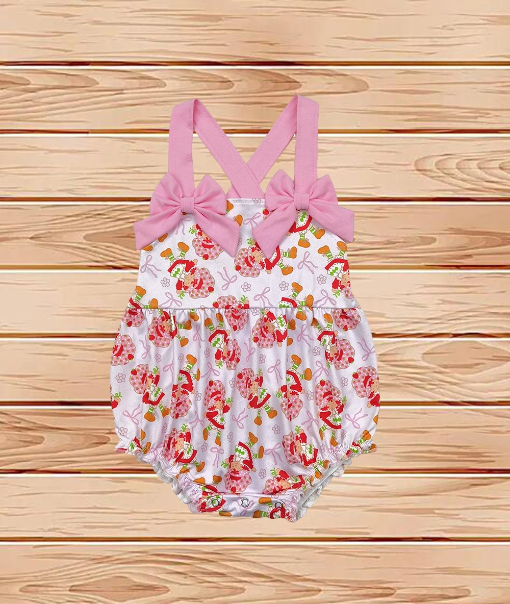 

4.18 Wholesale western boutique onesies Newborn toddler Baby Infant Girls Pink Bows Strap Bows Strawberry Ruffle Rompers
