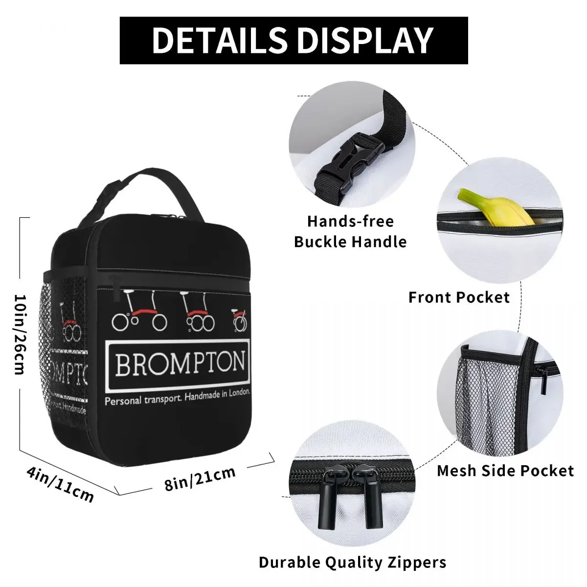 Bromptons Folding Bike Logo Insulated Lunch Bag for Women Leakproof Cooler Thermal Bento Box Office Work School