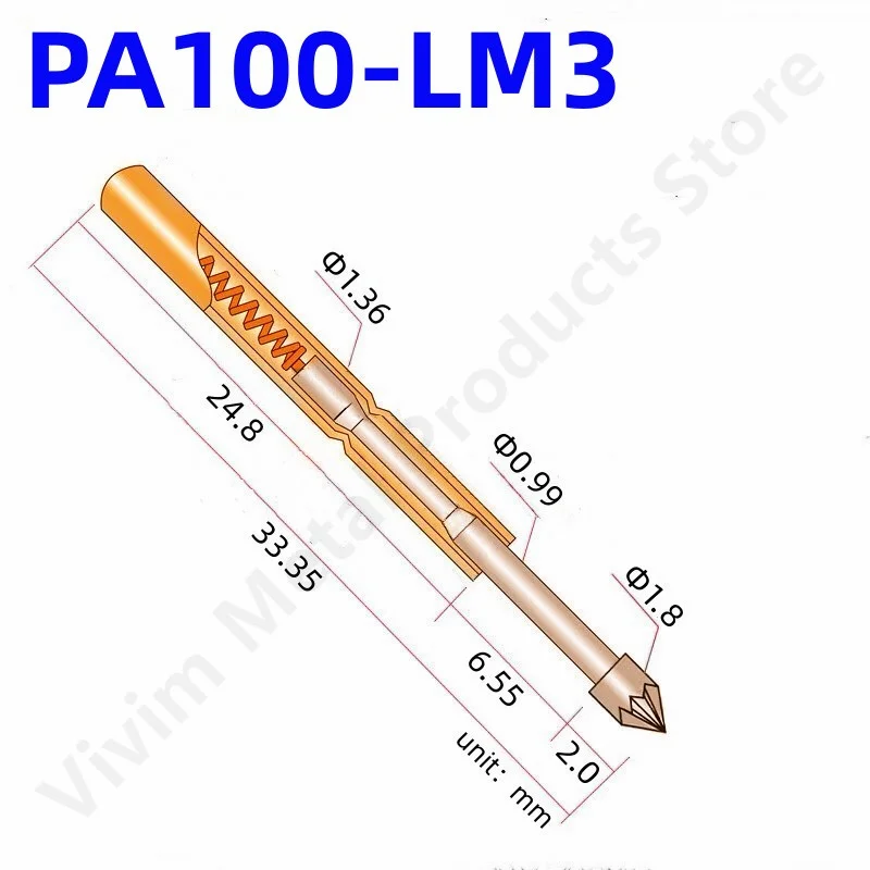 100PCS PA100-LM3 Spring Test Probe PA100-LM Test Pin P100-LM3 P100-LM 33.35mm Needle Dia 1.36mm Pogo Pin Gold Head Dia 1.80mm