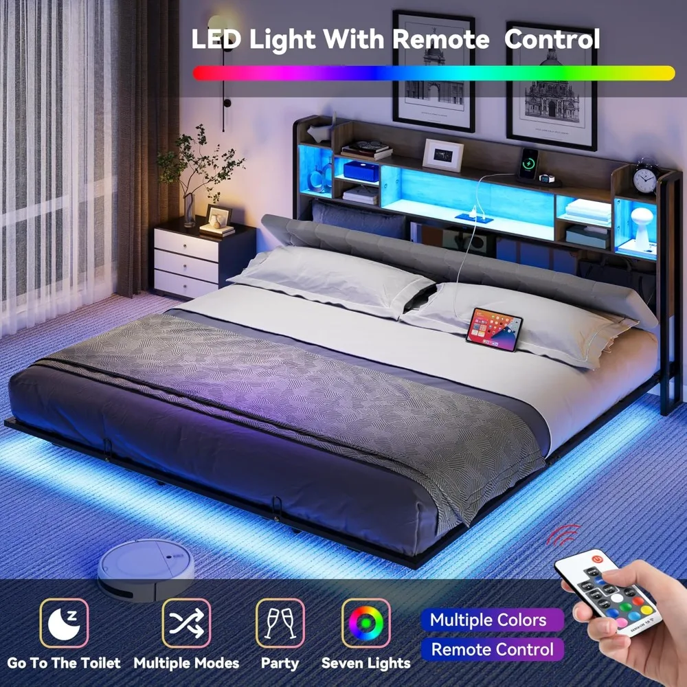 LED King Size Floating Bed Frame, Upholstered Platform, Headboard Storage and Charging Station, No Box Spring Needed