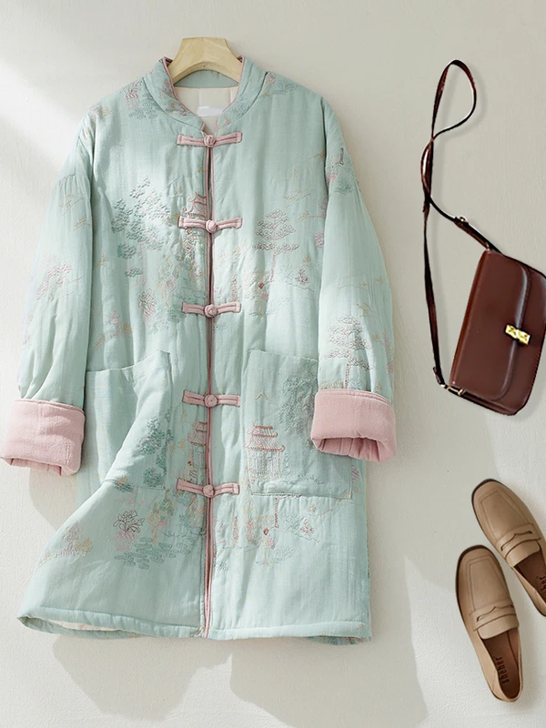 

Женское длинное зимнее пальто средней длины Ele из хлопка с вышивкой и воротником-стойкой на пуговицах в китайском стиле