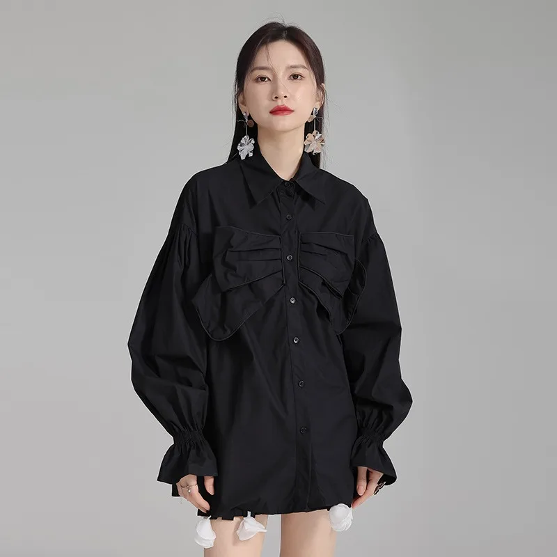 Chemise mi-longue à manches évasées pour femme, haut une pièce, nœud, mode douce, tout-terrain, extérieur, printemps, automne, nouveau, 2024