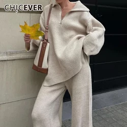 CHICEVER Elegant Knitted Two Piece Set For Women Lapel Long Sleeve Sweater Coat High Waist Solid Pant Loose Suits Female Autumn