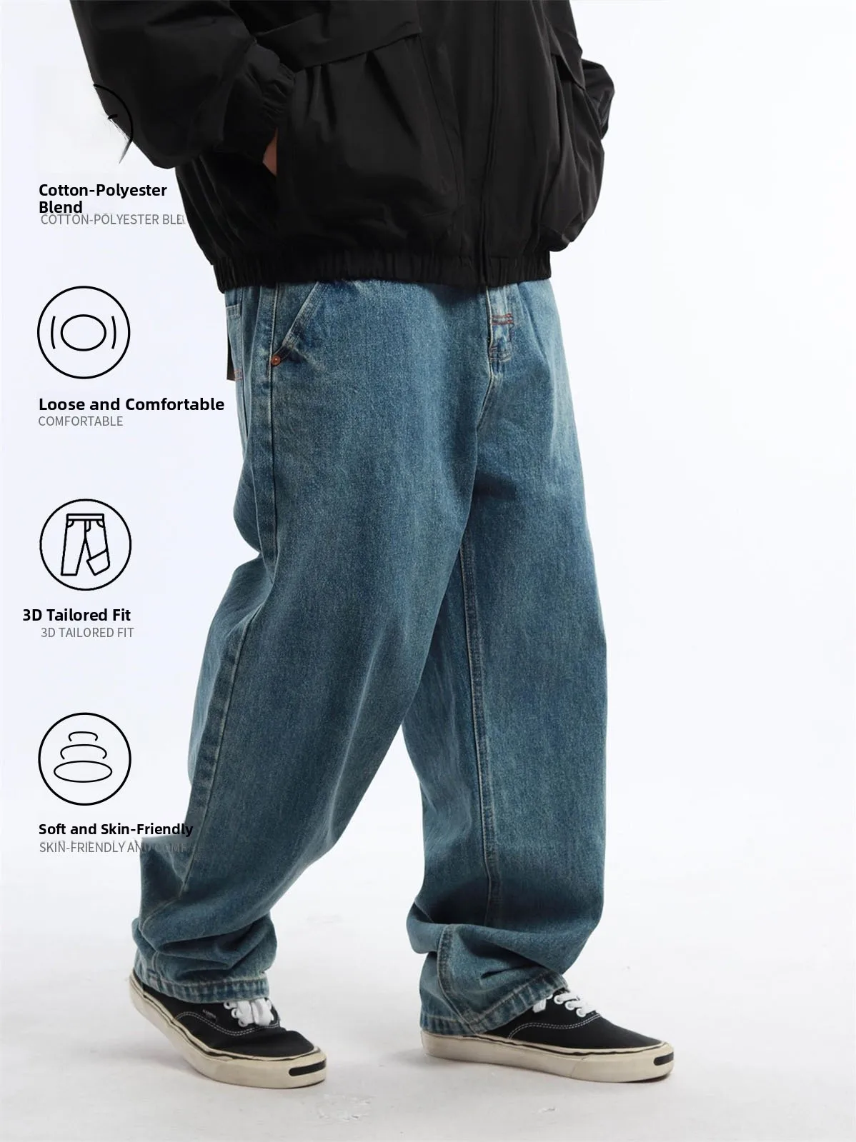 Reknat Vintage Washed Loose Straight Leg Men's Jeans mid Waist Two Colors Simple Blue Cotton Polyester Blend Four Seasons Uni...