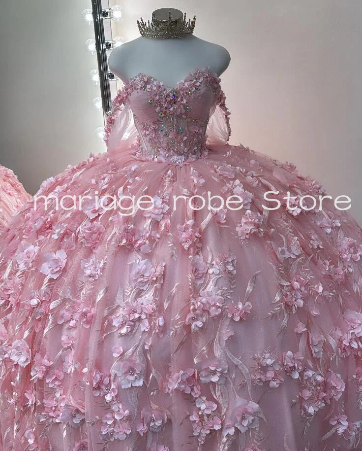 Rosa Prinzessin Quince anera Kleider von der Schulter mit Blumen kristall Bustier Korsett süß 15 Vestido de Debütant Rosa bestickt