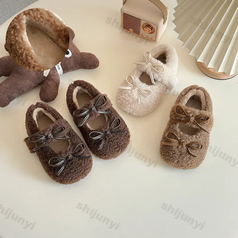 

Girls Ballet Flats 2025 Winter Luxury Manmade Mink Fur Warm Plush Mary Jane Shoe Children's Comfortable Non Slip Leather Shoes