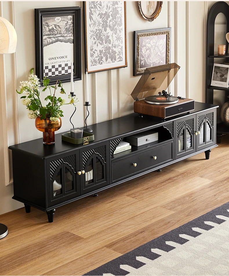 French retro TV cabinet black American floor-to-ceiling locker solid wood TV cabinet small apartment furniture