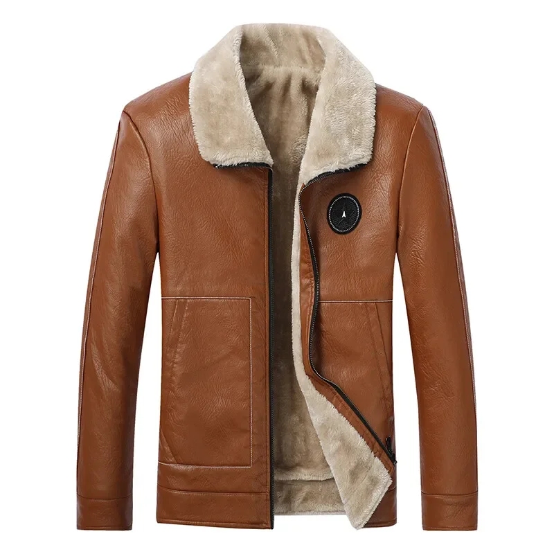 

Fashion Warm Winter Men's Leather Jacket with Fur Collar Thicken Fleece Motorcycle Coat Casual Faux Leather Jacket