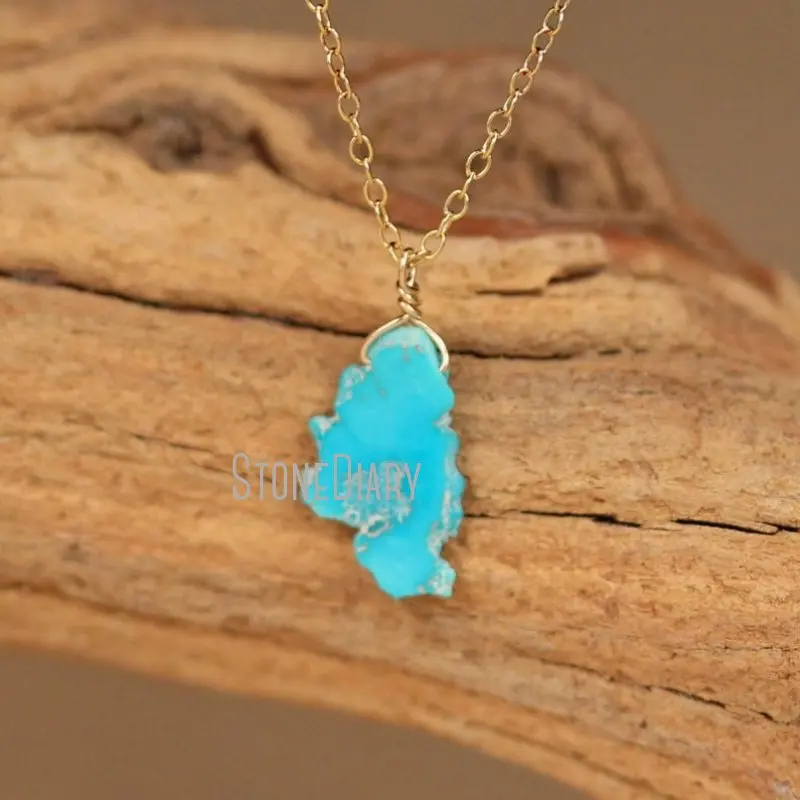 

NM42460 Natural Gemstone Turquoise Free Form Pendant With Chain Wire Wrapped Necklace Bohemian Jewelry