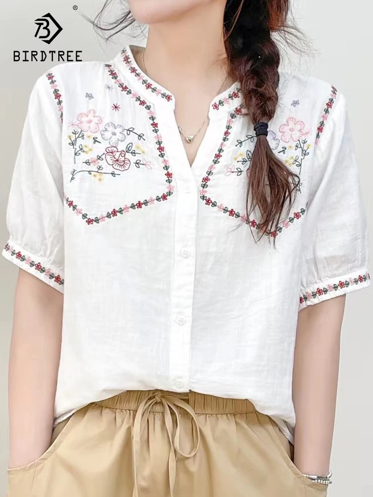 

New Spring Cotton Embroidery Shirt Women V Neck Short Sleeve Retro Tops Girl Loose Casual Commute Blouses 2024 Autumn T44768QC