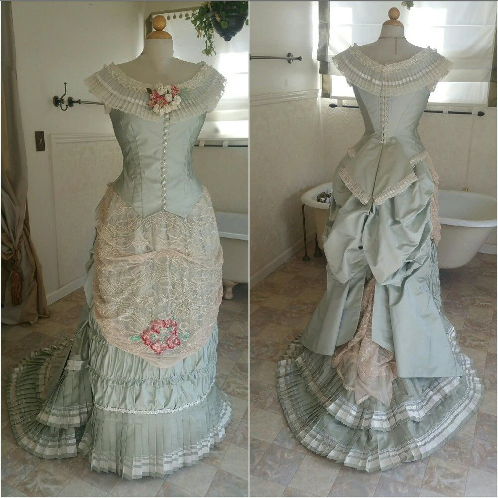 

1880s Wedding Costume Civil War Southern Belle Ball Gown Victorian Royal Princess Rococo Ruched Bustle Walking Dress Theatre