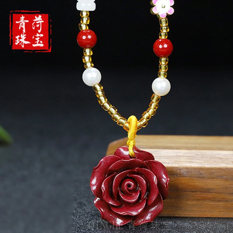

Handmade beaded cord with high-content and purple goldstone, versatile large rose pendant sweater chain