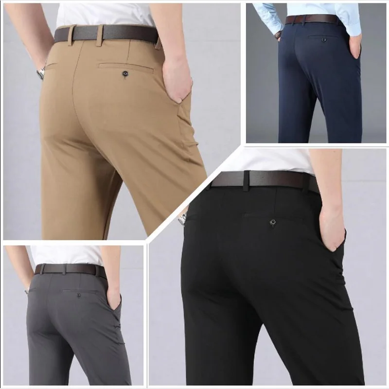 Spring Summer Men High Stretch Classic Pants Business Office Slim Fit Suit Pants Casual Comfy Loose High Waist Straight Trousers