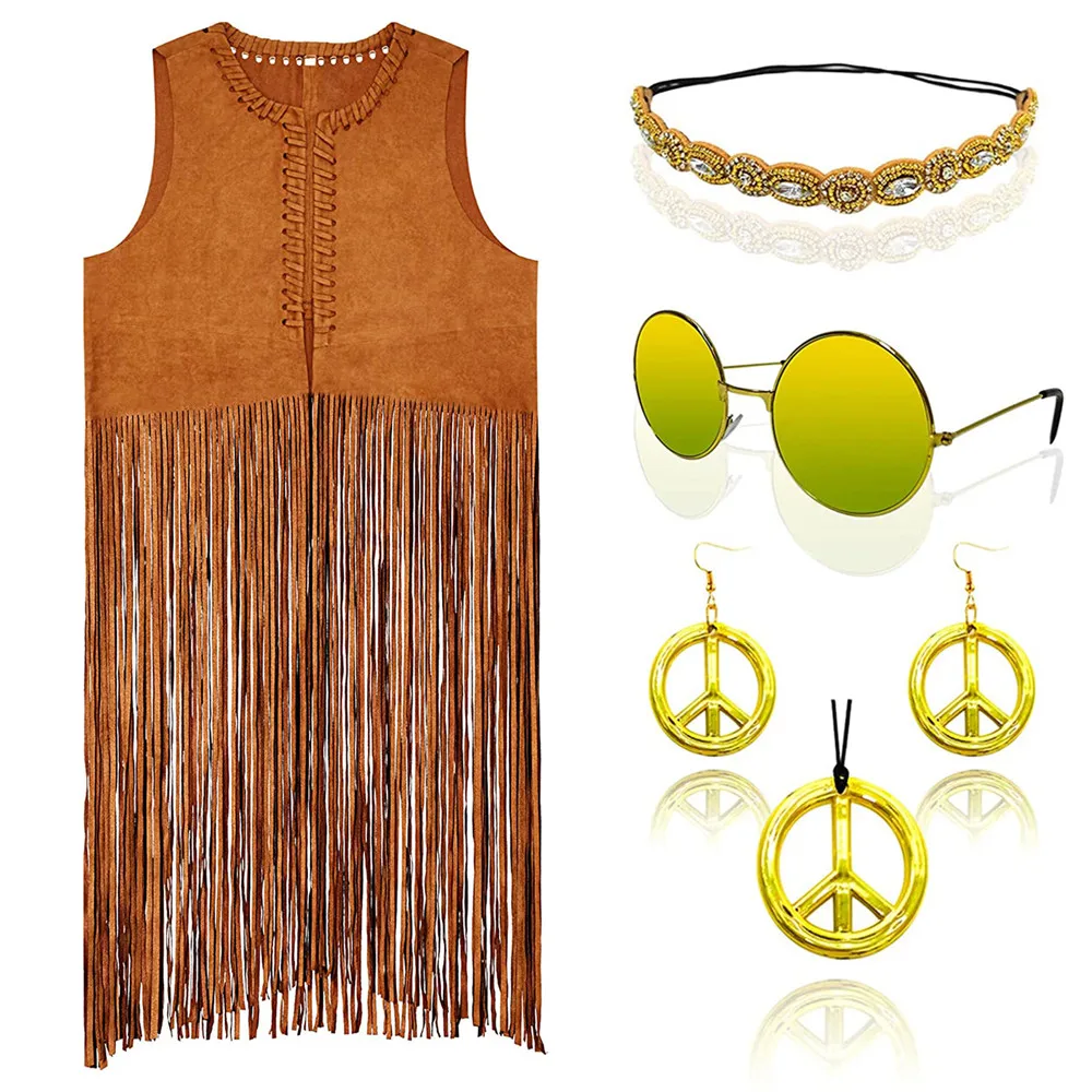 

5 Piece Women Hippie Costume Set 60s 70s Fringe Vest Faux Seude Tassels vest