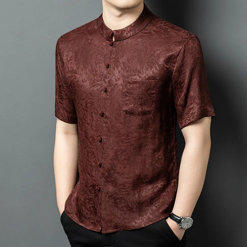 

Real Silk Men's Light Luxury Gambiered Guangdong Stand Collar Short Sleeve Suit Shirt Middle-Aged Loose Casual Chinese Style Top
