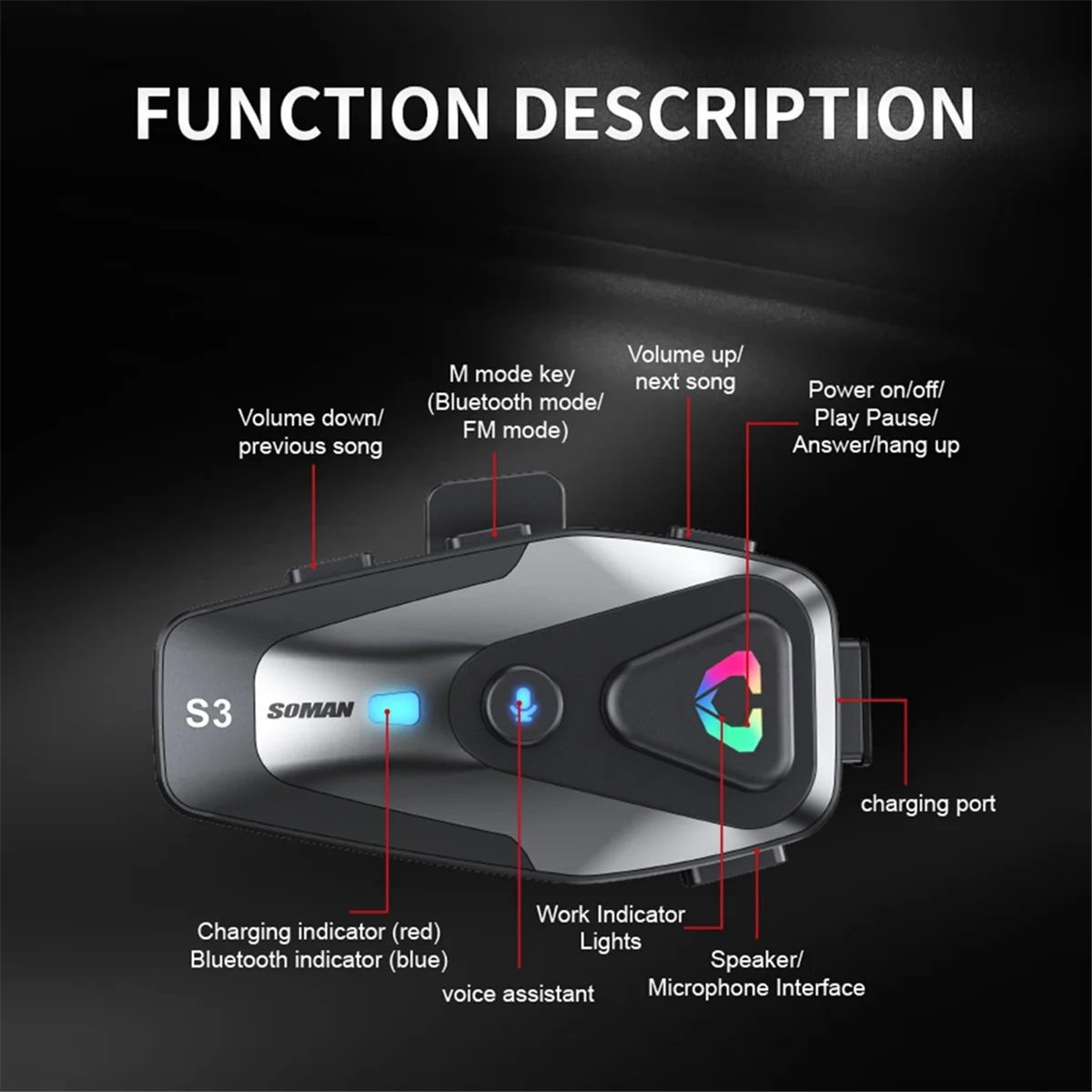 SOMAN Motorcycle Helmet Bluetooth Headset BT5.3 IPX6 1000Mah Stereo Noise Canceling Cycling Headphones with Soft Wire Mic