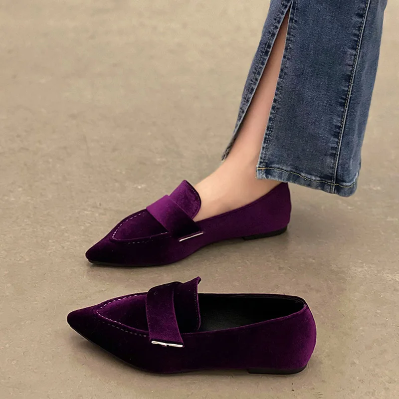 Women Luxury Velvet Moccasins Fashion Pointed Toe Loafers Ladies 2023 Spring New Purple Velour Ballet Flat Shoes