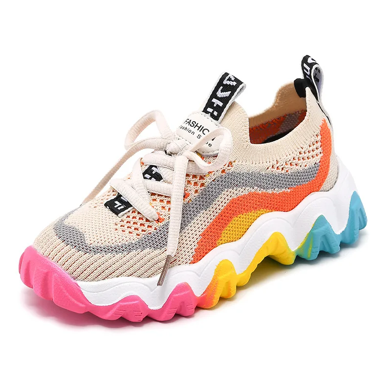 Girl\'s Casual Sports Shoes Weaving Air Mesh Outdoor Light Running Sneakers Fashion Rainbow Sole Retro Old Dady Shoes Kid 26-37