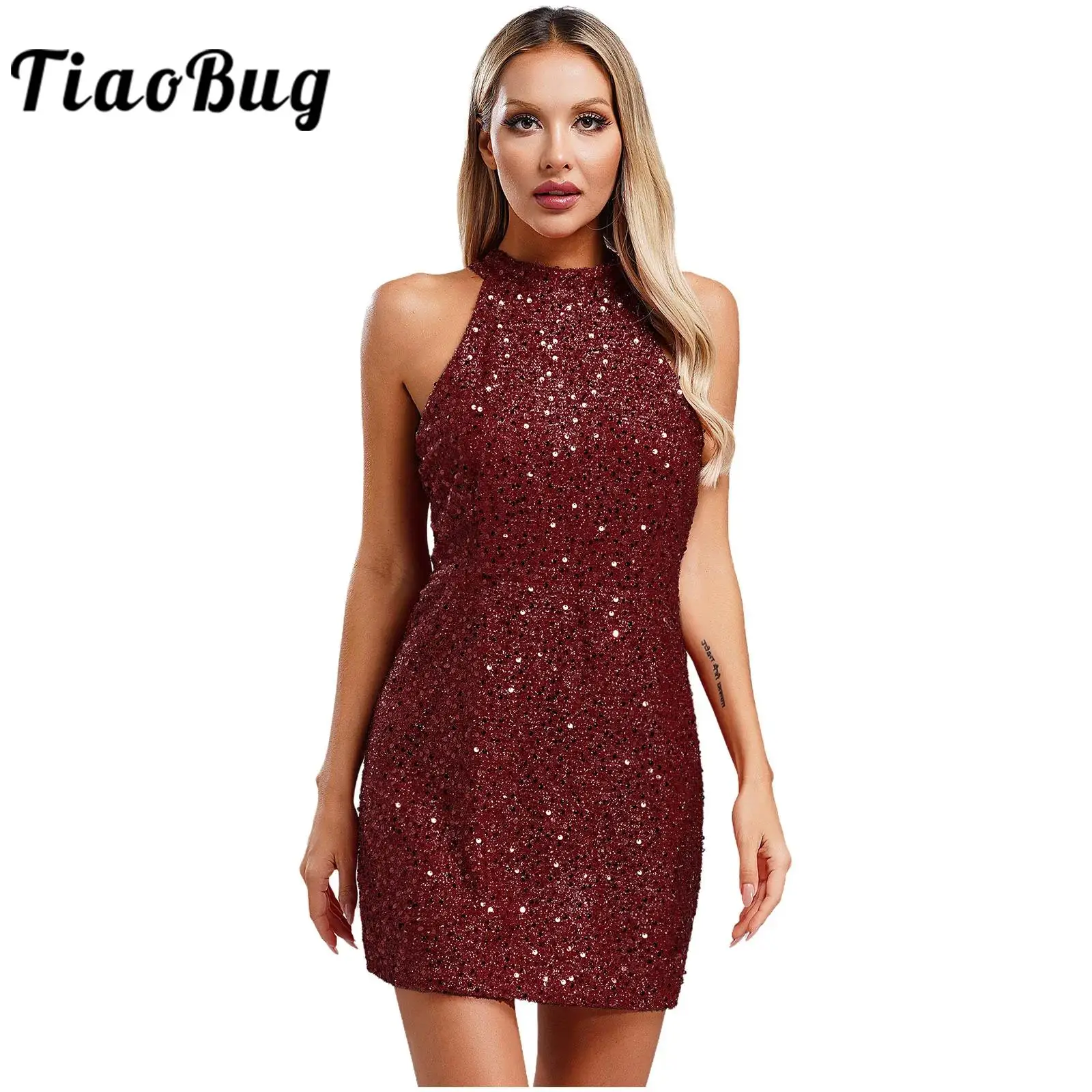 Women Cocktails Party Evening Dress Sequin Bodycon Dress Halter Prom Gown Disco Rave Costume Vestidos Woman's Sexy Mini Dress