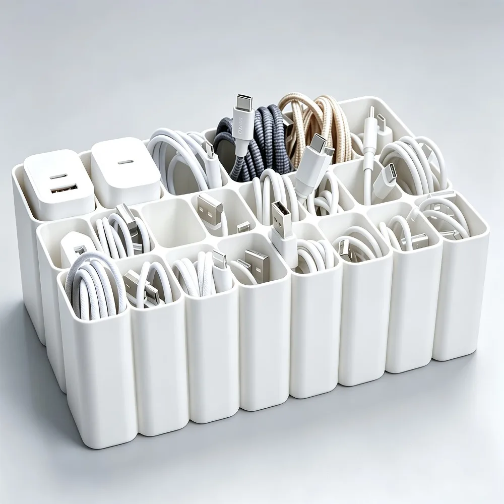 Cable Organizer 22-Slot, Heavy-Duty USB Cable Storage Tray, Plastic Desktop Drawer Organizer for Home Office Desk