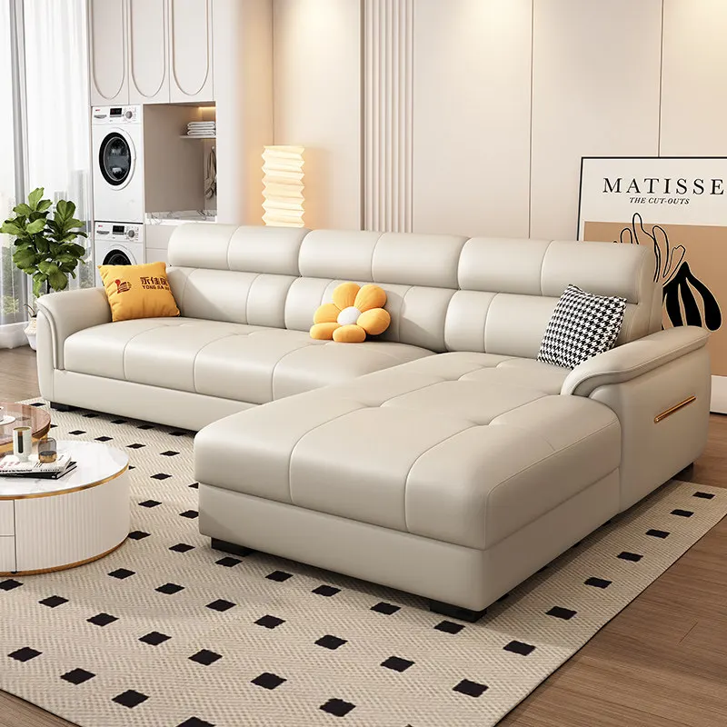 Light Cozy Rest Furnish Leather Latex Padded L-Shape Accent Seating Profile Chaise Lounge Furnish for Modern Apartment Living