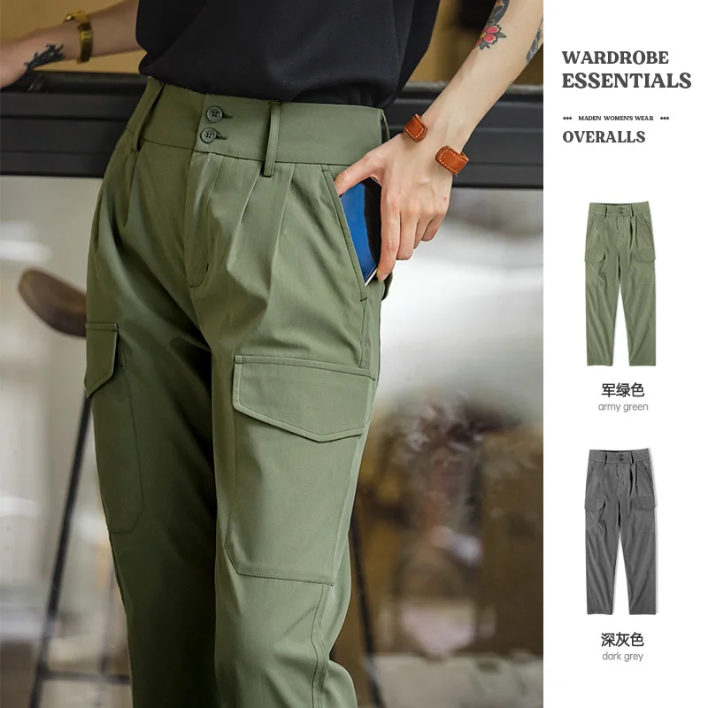 

Maden Japanese Style Straight Women's Casual Pants Summer Slim Big Pocket Army Green Girls Long