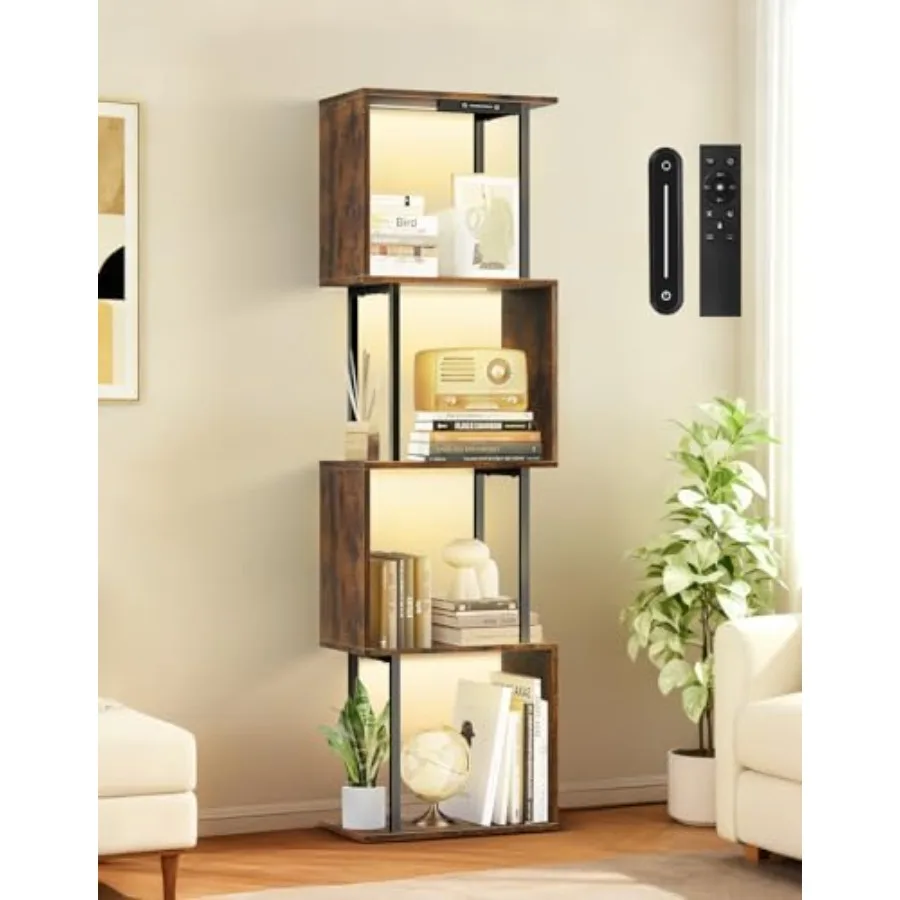 

S-образный геометрический книжный стеллаж с LED-подсветкой, 3 цветовые температуры, сенсорное и дистанционное управление, регулировка яркости, напольный книжный шкаф, компактный дизайн