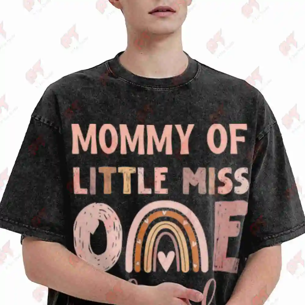 Boho Mommy Of Miss Onederful 1st Birthday Rainbow Hearts Vintage Washed Tee Pure Cotton T-Shirt