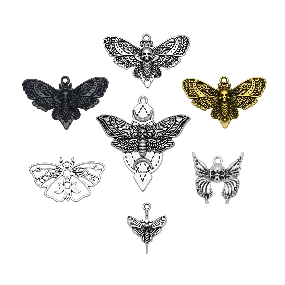 5/10pcs/lot Antique Silver Plated Gothic Skull Moth WICCA Moon Charms Pendant For Diy Jewelry Making Supplies Accessories