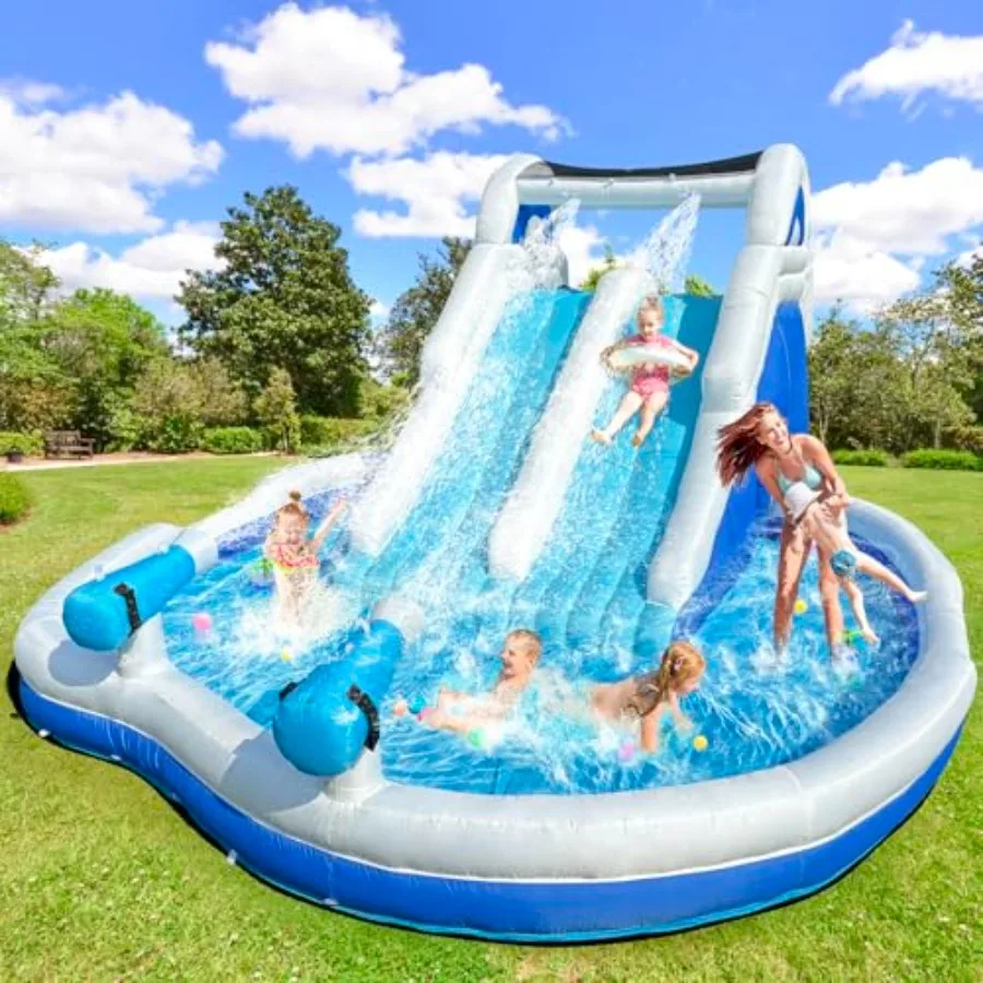 Backyard summer party inflatable water park for big kids: 17.7FT double-layer PVC blue and yellow includes splash pool climbing
