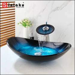 SINLAKU Bathroom Basin Set Blue Tempered Glass Basin Deck Mounted Vessel Single Handle Control With Waterfall Water Mixer Taps